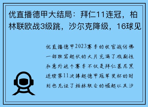 优直播德甲大结局：拜仁11连冠，柏林联欧战3级跳，沙尔克降级，16球见证巅峰与绝望