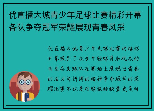优直播大城青少年足球比赛精彩开幕各队争夺冠军荣耀展现青春风采