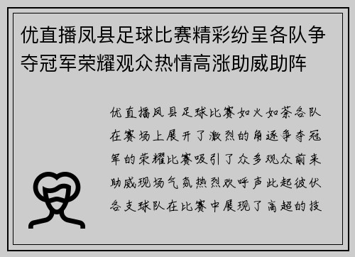 优直播凤县足球比赛精彩纷呈各队争夺冠军荣耀观众热情高涨助威助阵